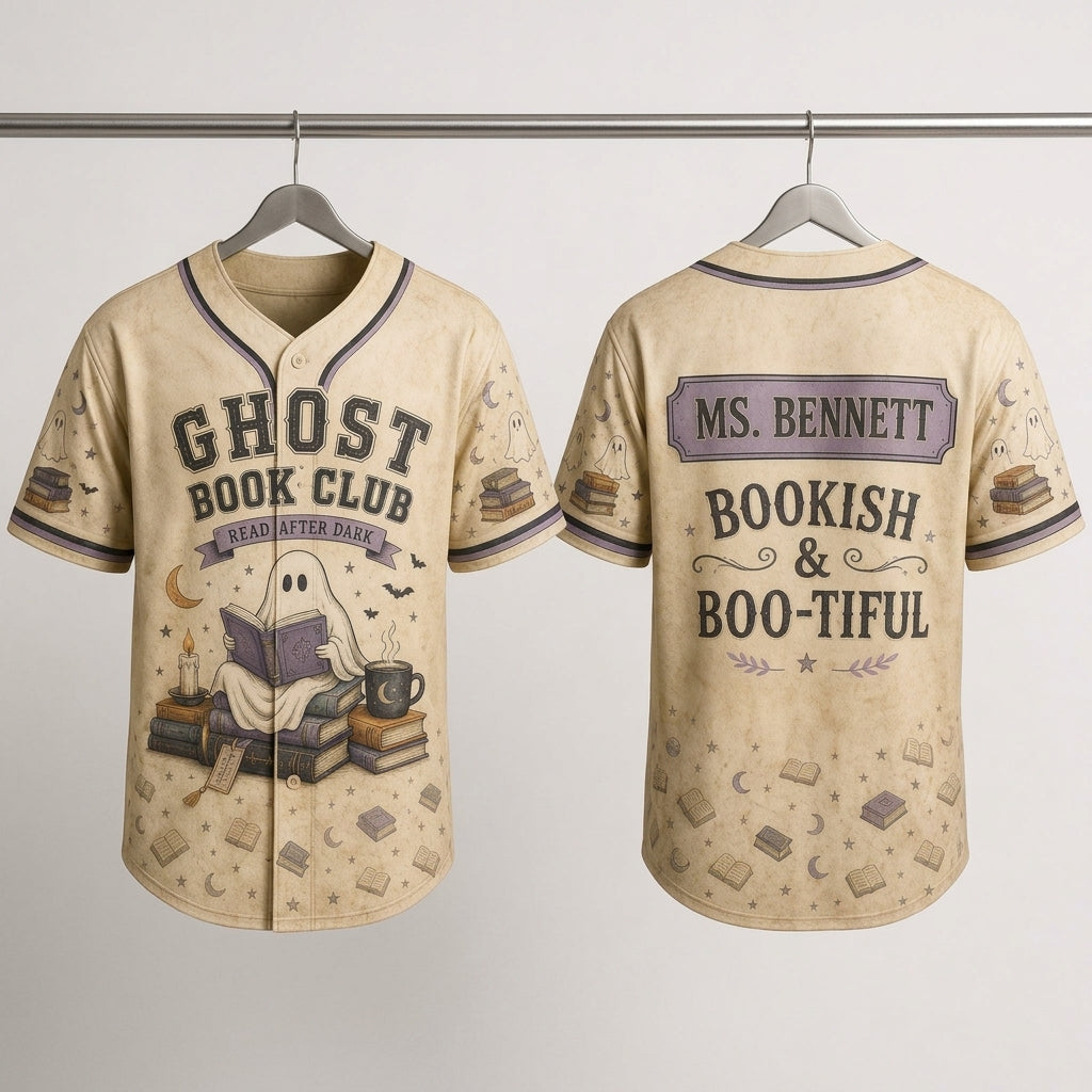 Personalized Ghost Book Club Baseball Jersey - Custom Name Spooky Bookish & Boo-tiful Shirt for Librarians and Teachers