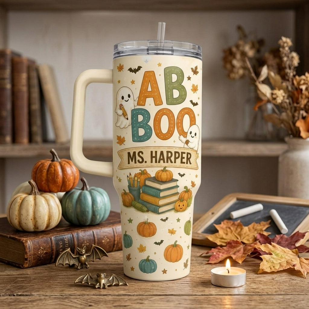 Personalized 40oz Tumbler with Handle - Pumpkin Alphabet Club Teacher Halloween Gift - Custom Name