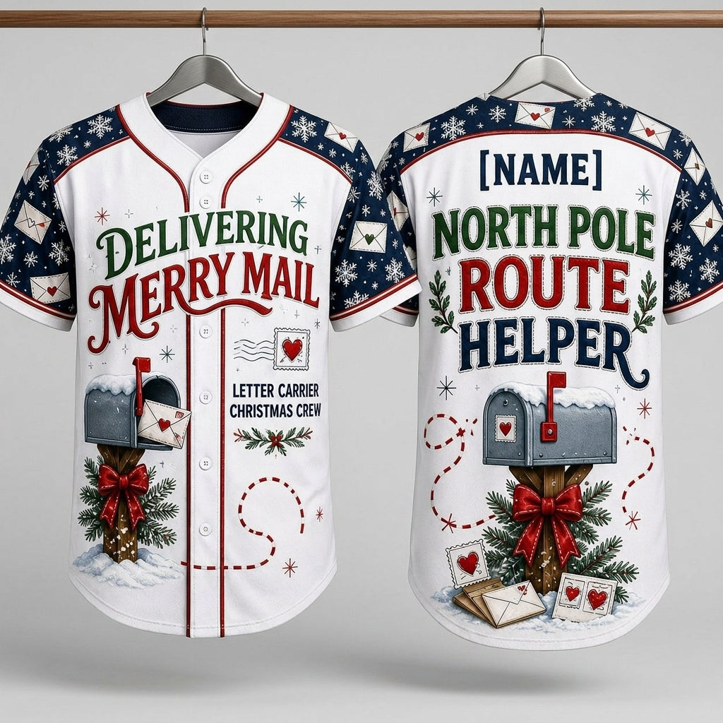 Personalized Mail Carrier Christmas Baseball Jersey - Custom Name North Pole Route Helper Postal Worker Gift