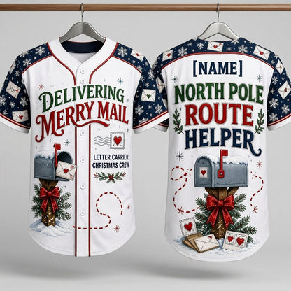 Personalized Mail Carrier Christmas Baseball Jersey - Custom Name North Pole Route Helper Postal Worker Gift
