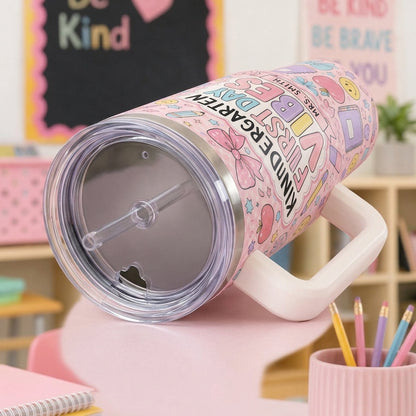 Personalized Kindergarten Teacher Tumbler 40oz with Handle - Custom Name First Day Vibes Pink Coquette School Gift