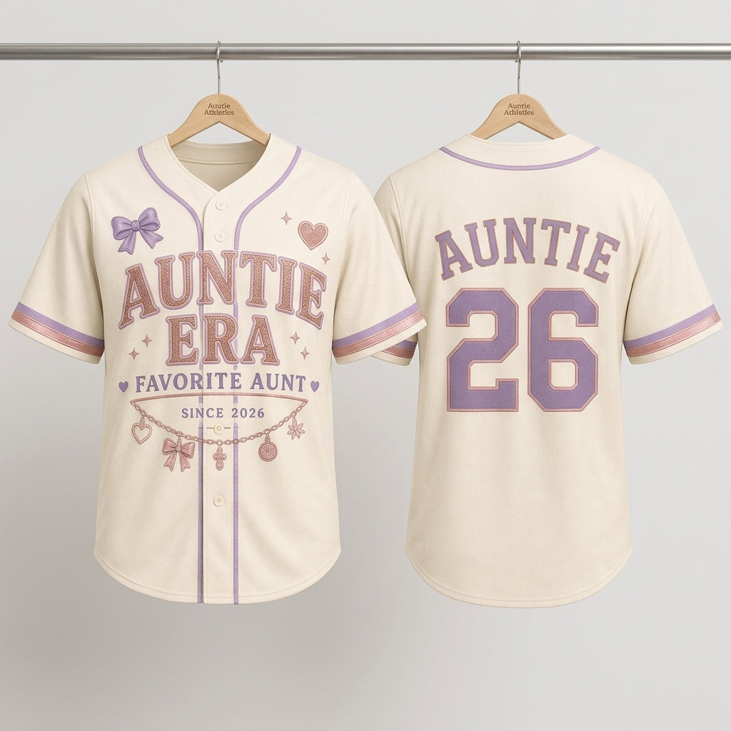 Personalized Auntie Era Baseball Jersey - Custom Favorite Aunt Since Year Shirt - Rose Gold and Lavender Gift