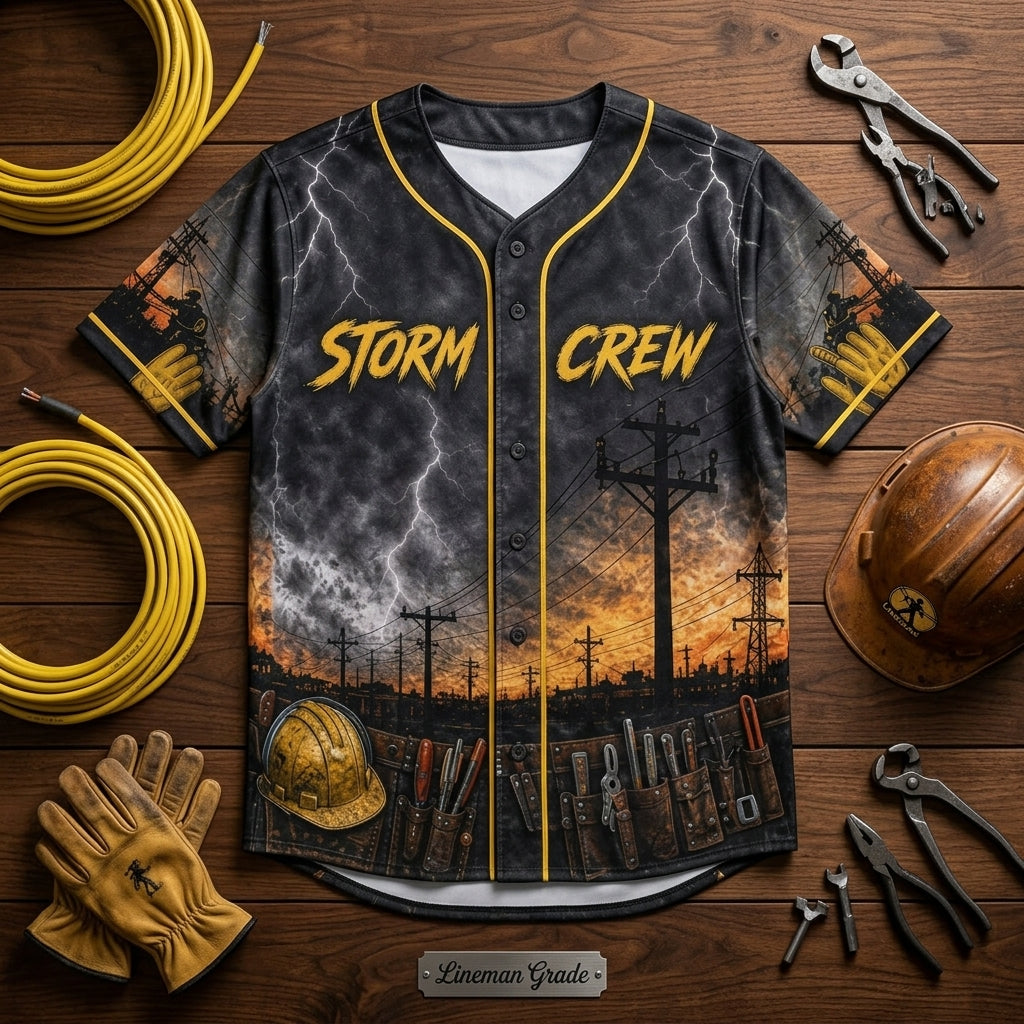 Personalized Lineman Storm Crew Baseball Jersey - Custom Name & Number Utility Worker Full Print Shirt - baseball jersey product view 4