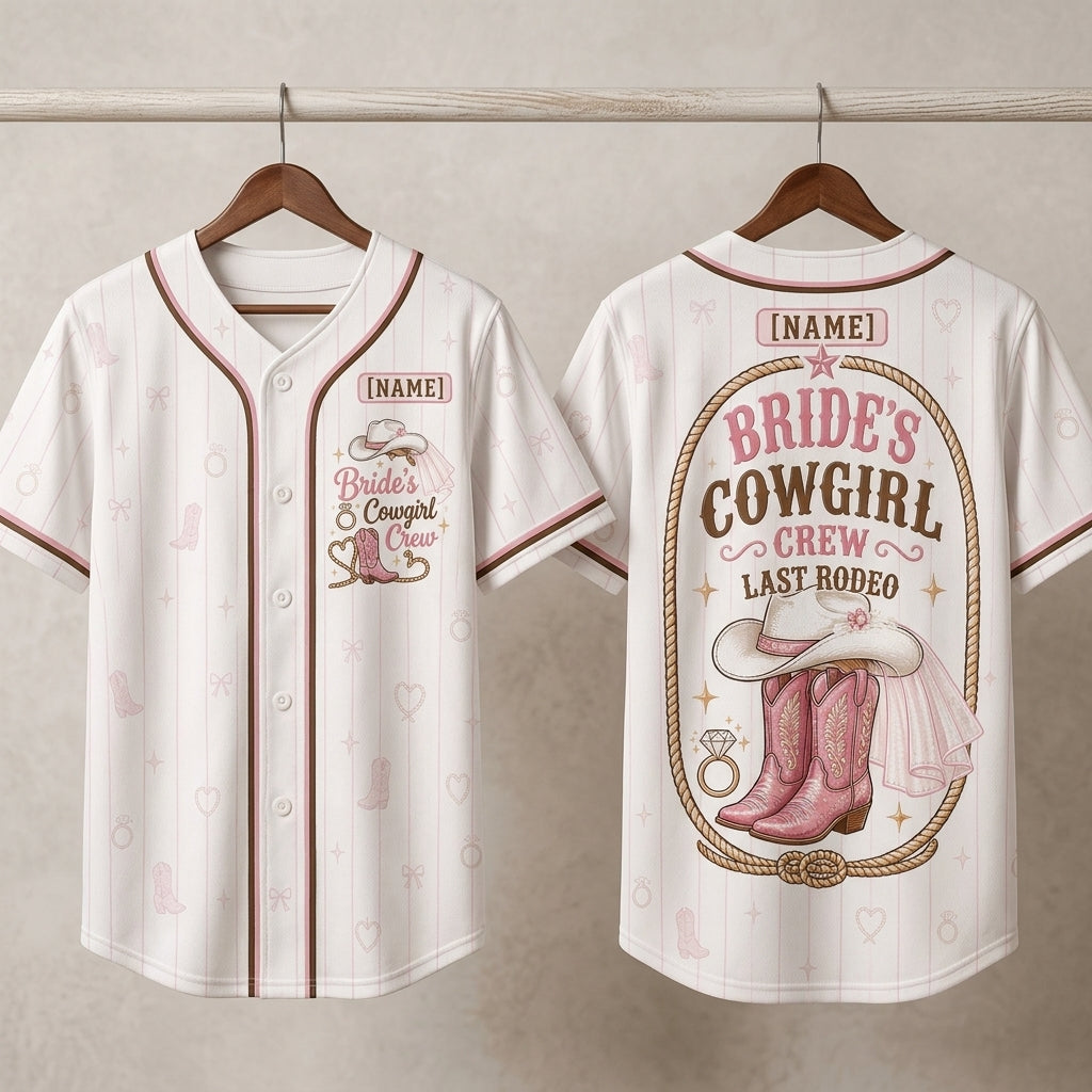 Personalized Bride's Cowgirl Crew Last Rodeo Baseball Jersey - Custom Name Western Bachelorette Party Outfit