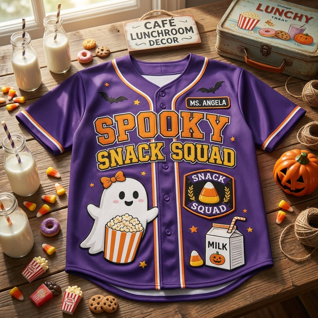 Personalized Spooky Snack Squad Baseball Jersey - Custom Name Halloween Cafeteria Crew Team Shirt