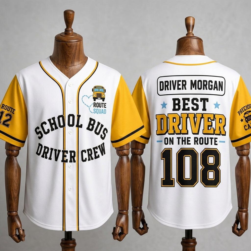 Personalized School Bus Driver Crew Baseball Jersey - Custom Name & Route Number Gift - Yellow & White Athletic Jersey