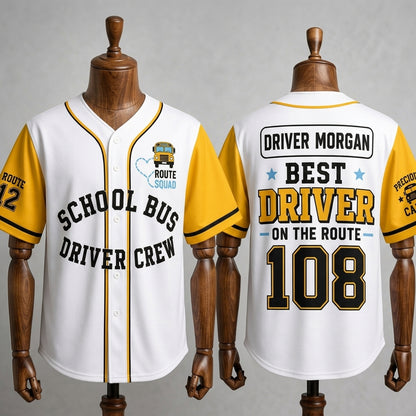 Personalized School Bus Driver Crew Baseball Jersey - Custom Name & Route Number Gift - Yellow & White Athletic Jersey