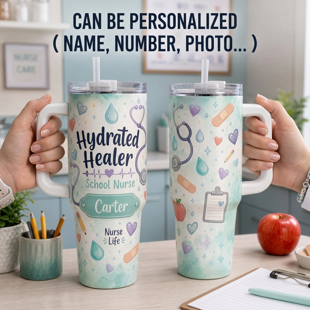 Personalized Hydrated Healer School Nurse 40oz Tumbler with Handle - Custom Name Medical Gift