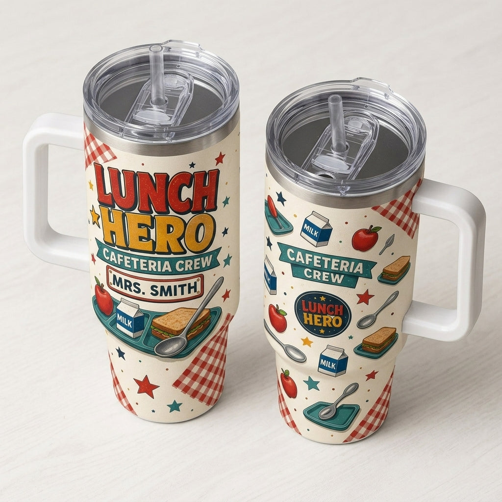 Personalized Lunch Hero Cafeteria Crew 40oz Tumbler with Handle - Custom Name School Gift - 40oz tumbler mockup 5