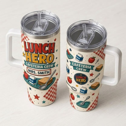 Personalized Lunch Hero Cafeteria Crew 40oz Tumbler with Handle - Custom Name School Gift - 40oz tumbler mockup 5