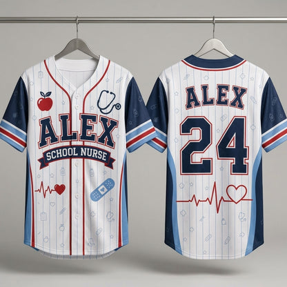 Personalized School Nurse Baseball Jersey - Custom Name & Number Athletic Jersey for Healthcare Heroes