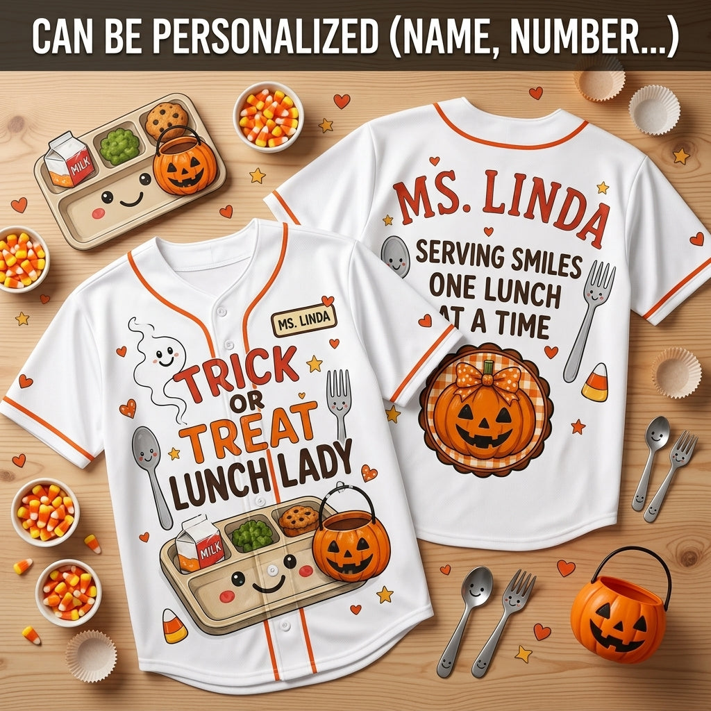 Personalized Trick or Treat Lunch Lady Halloween Baseball Jersey - Custom Name Cafeteria Staff Gift Apparel