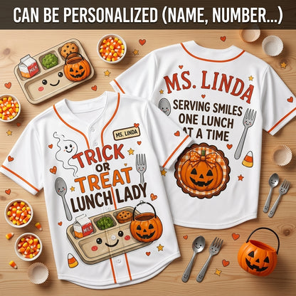 Personalized Trick or Treat Lunch Lady Halloween Baseball Jersey - Custom Name Cafeteria Staff Gift Apparel