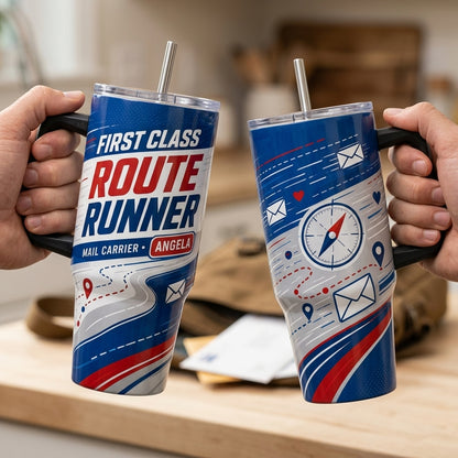 Personalized First Class Route Runner Mail Carrier 40oz Tumbler with Handle - Custom Postal Worker Gift