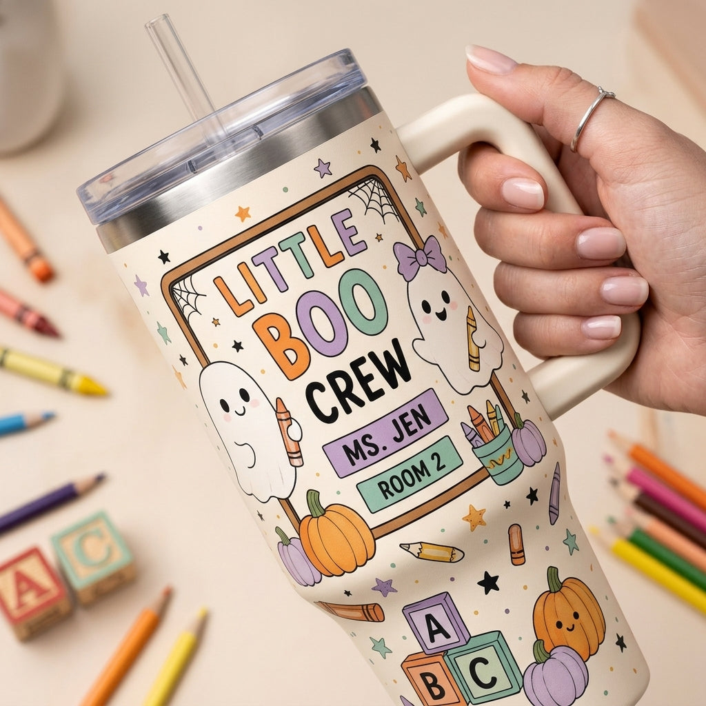 Personalized Little Boo Crew Teacher Halloween 40oz Tumbler with Handle - Custom Name & Room
