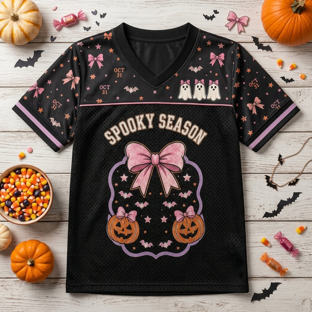 Personalized Spooky Season Halloween Football Jersey - Custom Name & Number Coquette Ghost Pink Bow Mesh Jersey