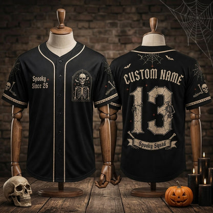 Personalized Spooky Skeleton Halloween Baseball Jersey - Custom Name and Number Goth Spirit Squad Athletic Shirt
