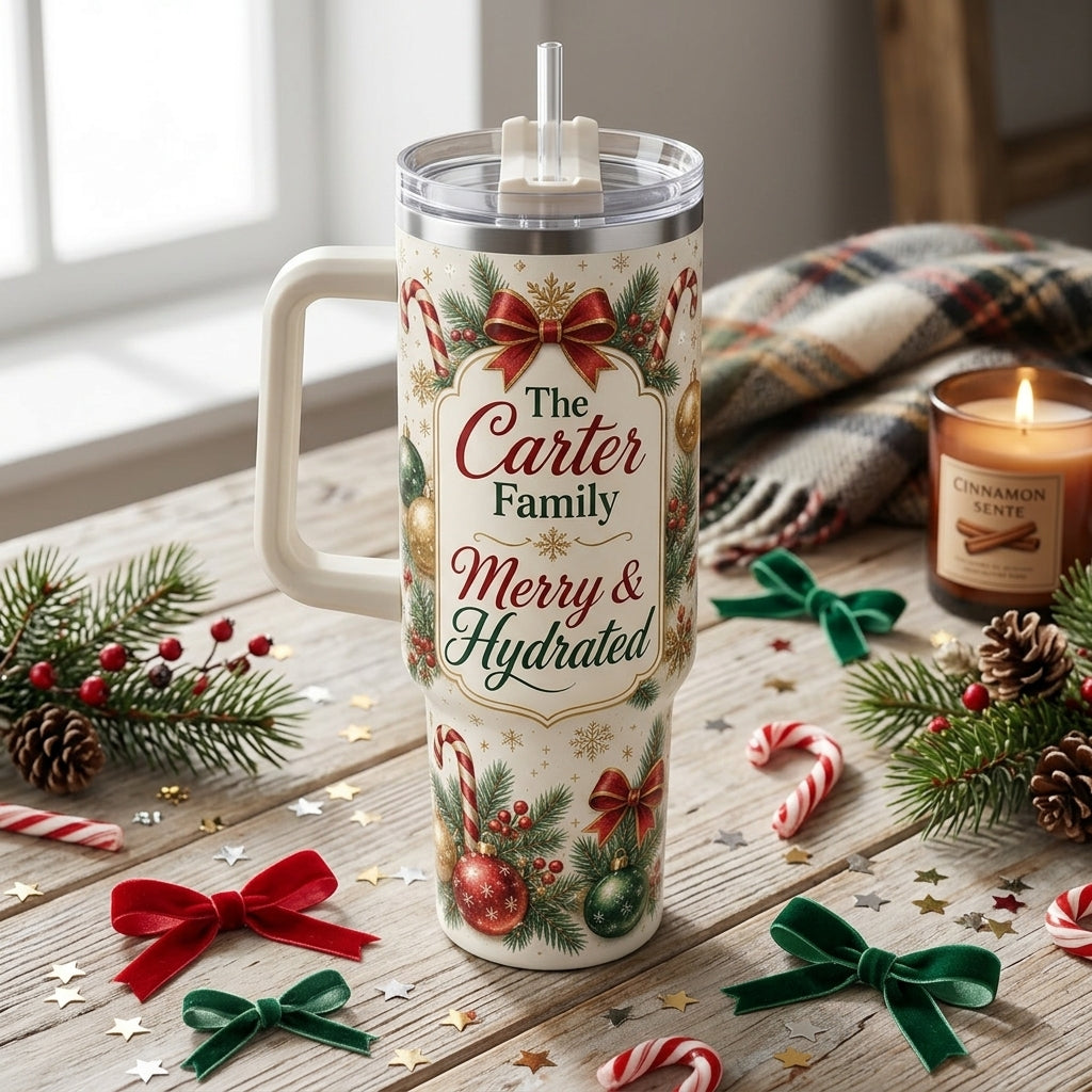 Personalized Christmas Family Name 40oz Tumbler with Handle - Custom Holiday Sips 2026 Insulated Travel Mug