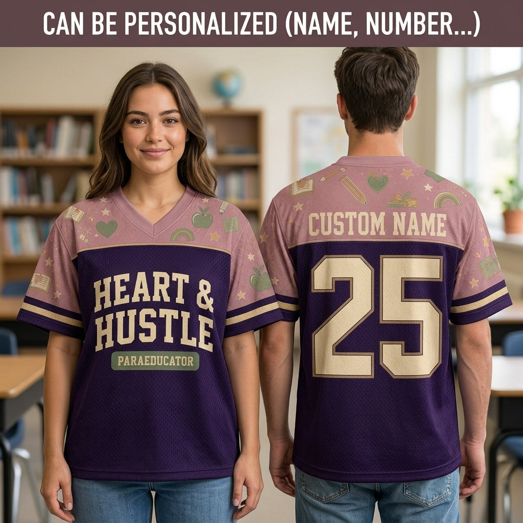 Personalized Heart & Hustle Paraeducator Football Jersey - Custom Name & Number School Spirit Mesh Shirt