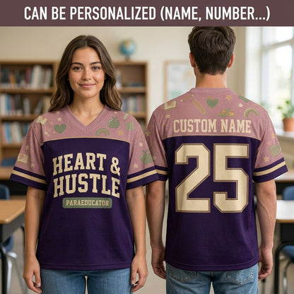 Personalized Heart & Hustle Paraeducator Football Jersey - Custom Name & Number School Spirit Mesh Shirt