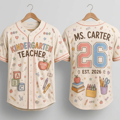 Personalized Kindergarten Teacher Baseball Jersey - Custom Name, Room Number & Year - Pastel School Supplies Shirt