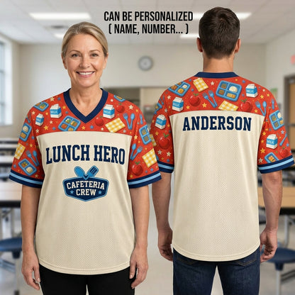 Personalized Lunch Hero Cafeteria Crew Football Jersey - Custom Name School Staff Appreciation Gift