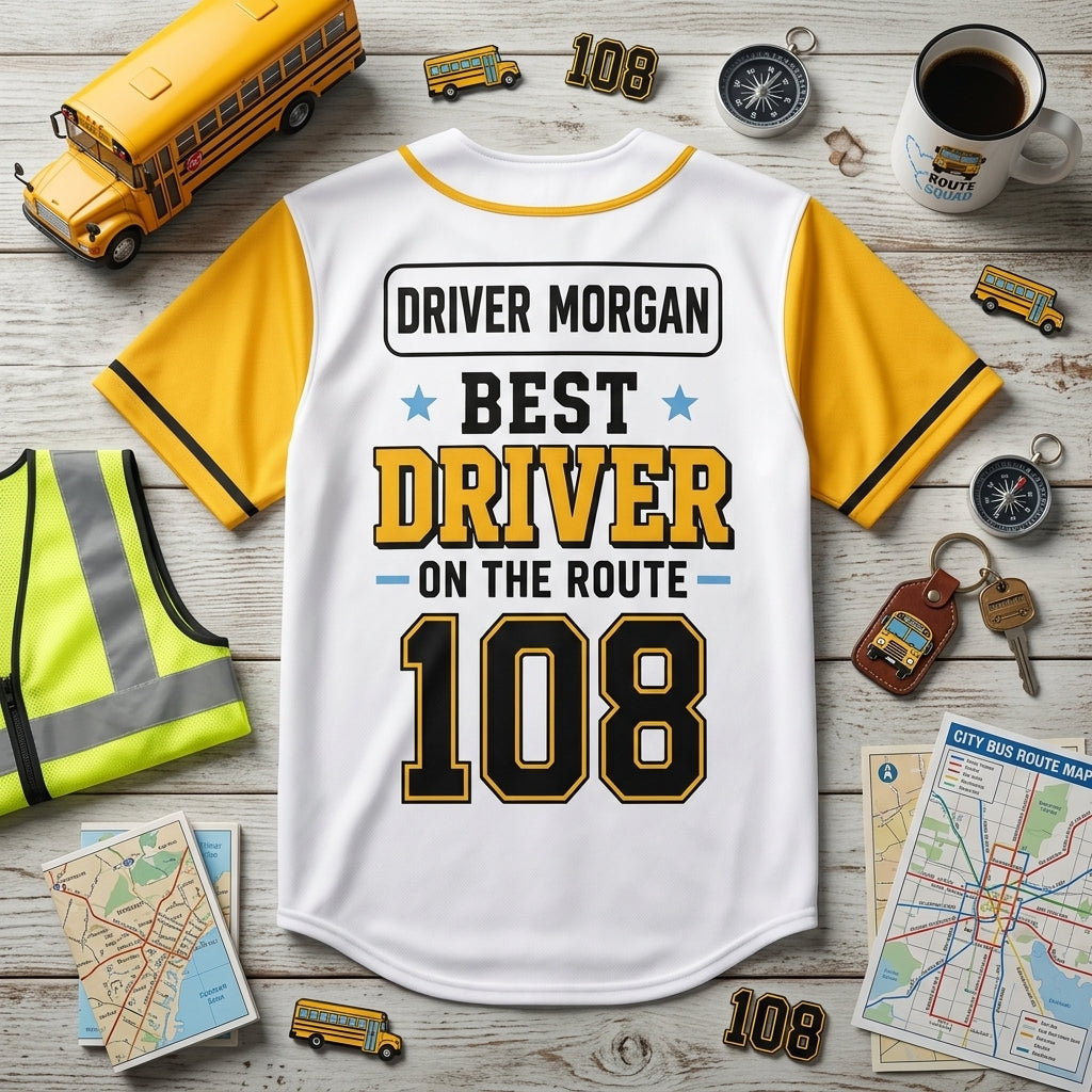 Personalized School Bus Driver Crew Baseball Jersey - Custom Name & Route Number Gift - Yellow & White Athletic Jersey