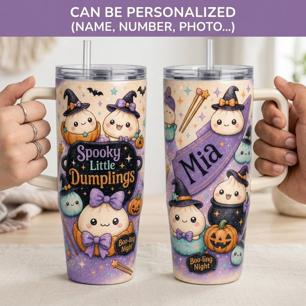 Personalized Spooky Little Dumplings 40oz Tumbler with Handle - Custom Name Kawaii Halloween Witch Dumpling Insulated Mug