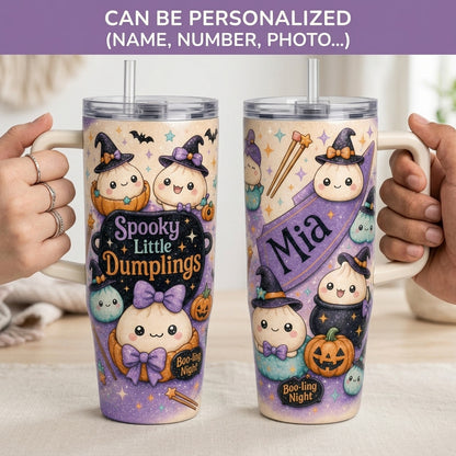 Personalized Spooky Little Dumplings 40oz Tumbler with Handle - Custom Name Kawaii Halloween Witch Dumpling Insulated Mug