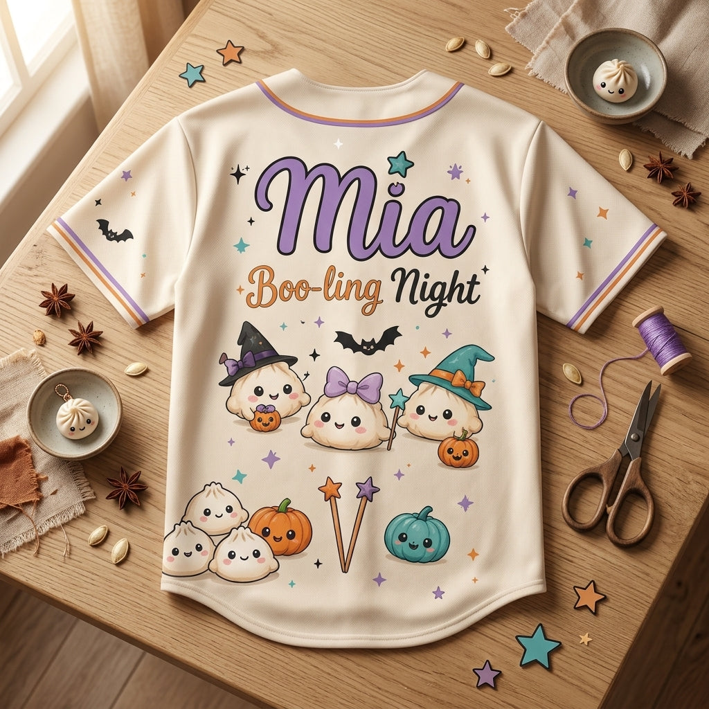 Personalized Spooky Little Dumplings Halloween Baseball Jersey - Custom Name Cute Witch Dumplings Button-Up