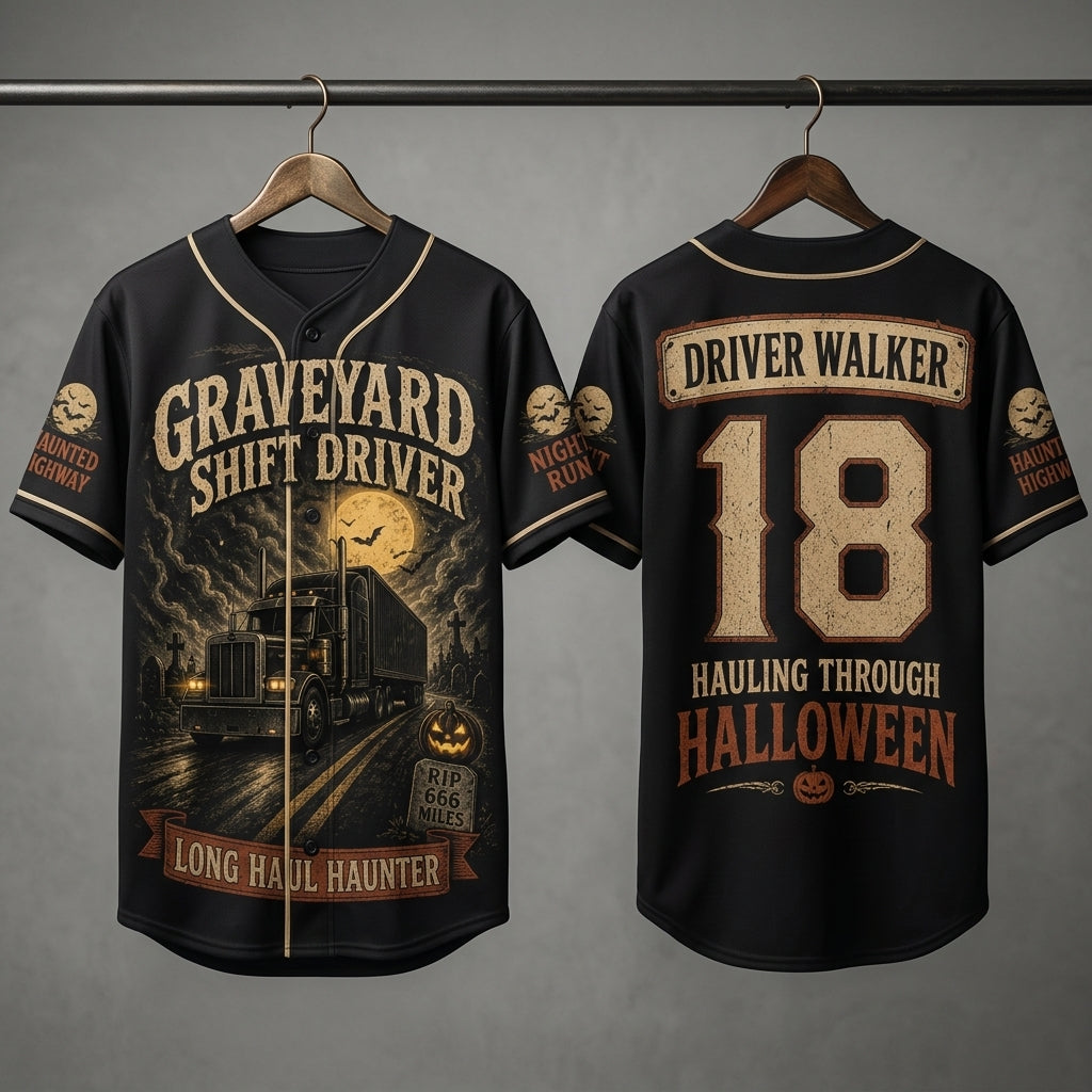 Personalized Graveyard Shift Driver Halloween Baseball Jersey - Custom Name & Number Trucker Gift