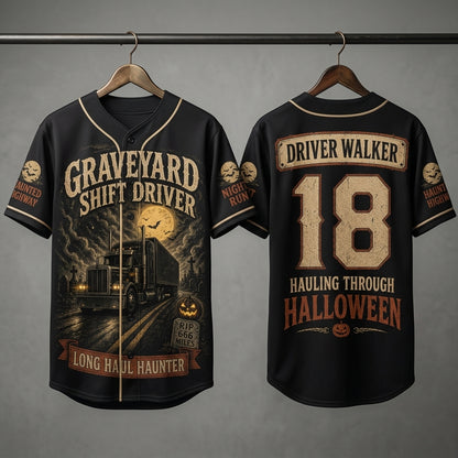 Personalized Graveyard Shift Driver Halloween Baseball Jersey - Custom Name & Number Trucker Gift