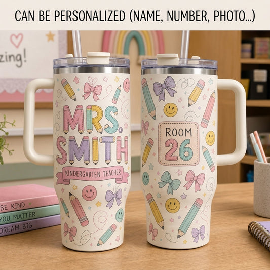 Personalized Teacher 40oz Tumbler with Handle - Custom Name & Grade School Doodle Gift