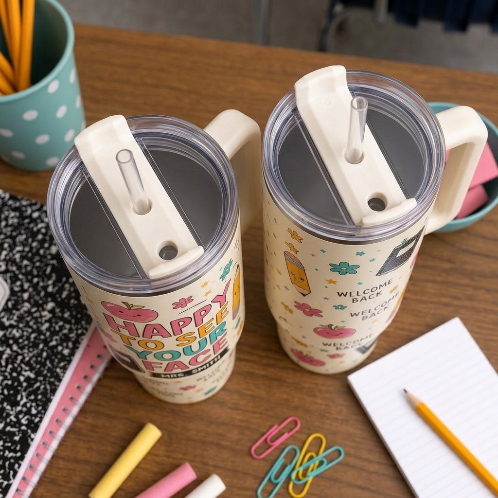 Personalized Teacher Gift - Happy To See Your Face 40oz Tumbler with Handle - Custom Name School Travel Mug