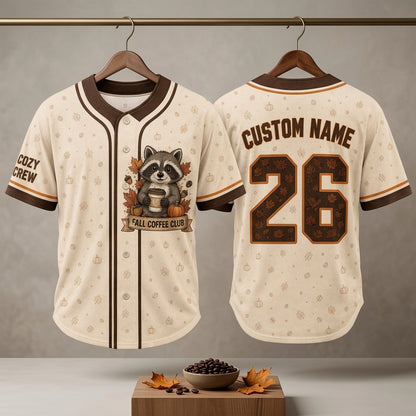 Personalized Fall Coffee Club Raccoon Baseball Jersey - Custom Name & Number Cozy Autumn Apparel for Coffee Lovers