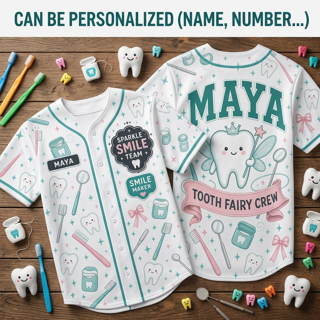Personalized Tooth Fairy Crew Baseball Jersey - Custom Name Dental Assistant & Hygienist Sparkle Smile Team Apparel