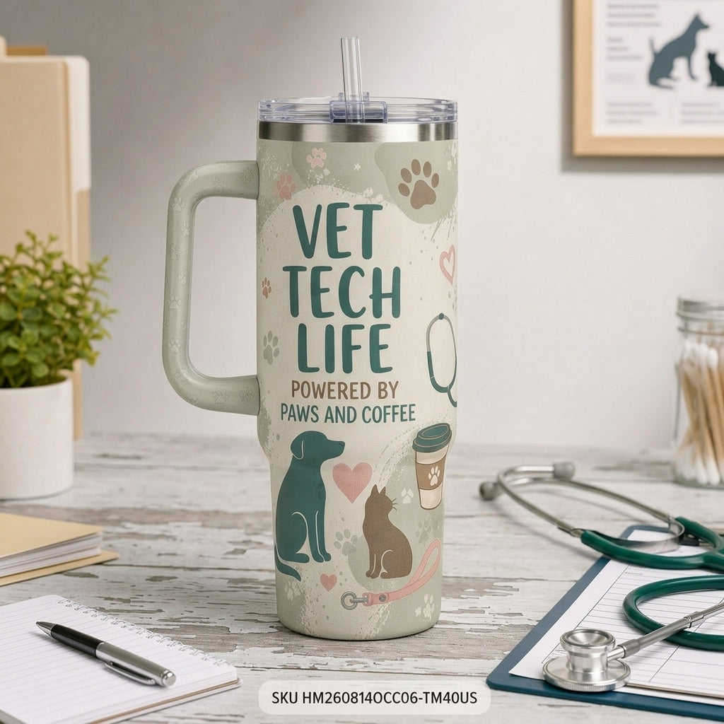 Personalized Vet Tech Life 40oz Tumbler with Handle - Custom Name Gift for Veterinary Technician - 40oz tumbler mockup 3