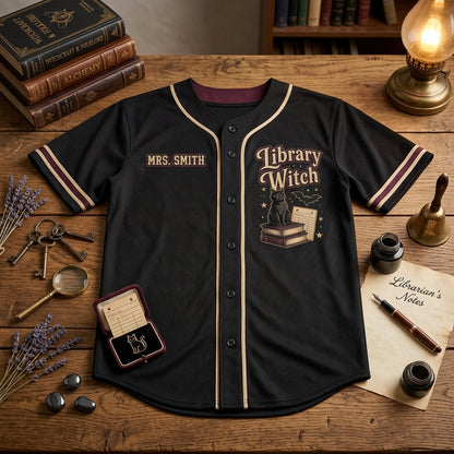 Personalized Library Witch Baseball Jersey - Custom Name Gift for Librarians & Book Lovers