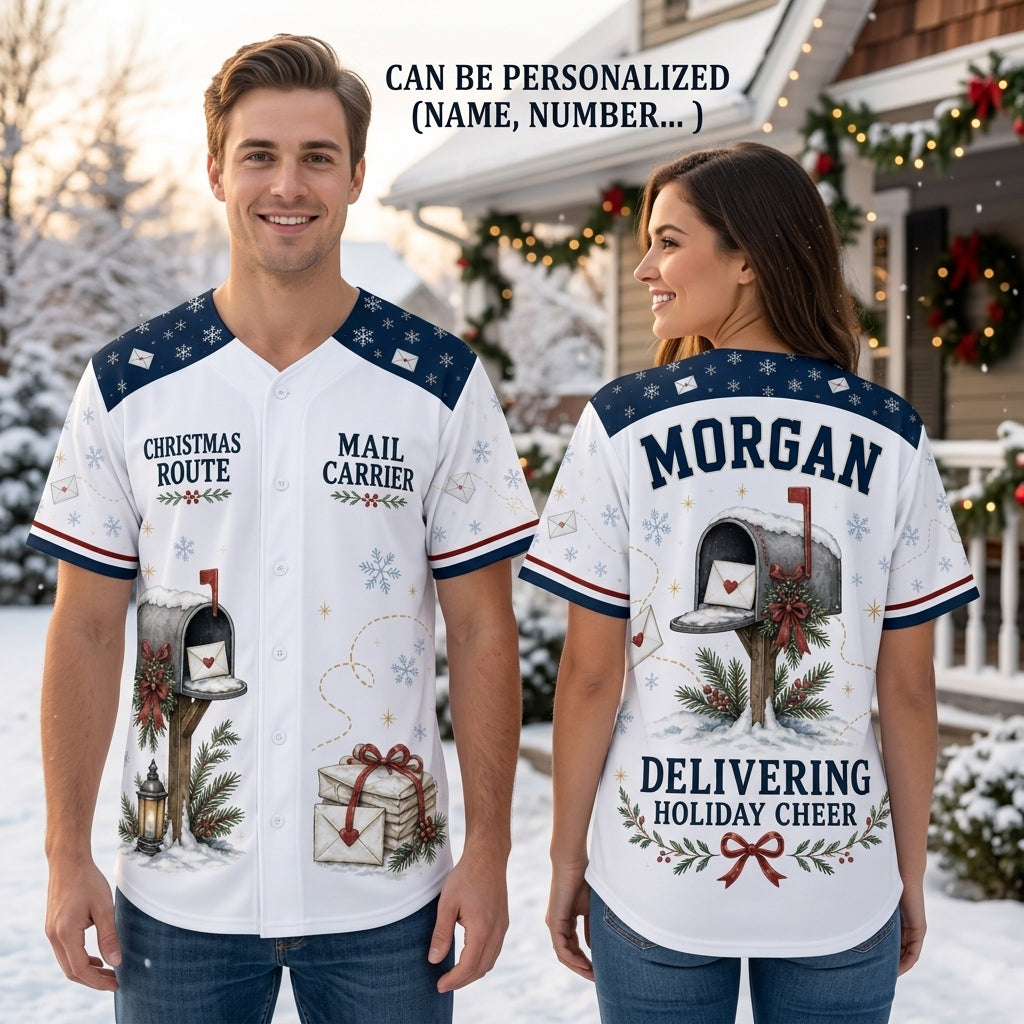 Personalized Mail Carrier Christmas Baseball Jersey - Custom Name Postal Worker Holiday Shirt