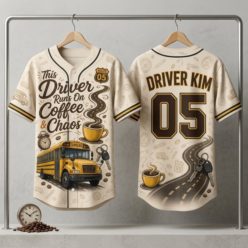 Personalized School Bus Driver Baseball Jersey - Custom Name & Number Coffee and Chaos Shirt