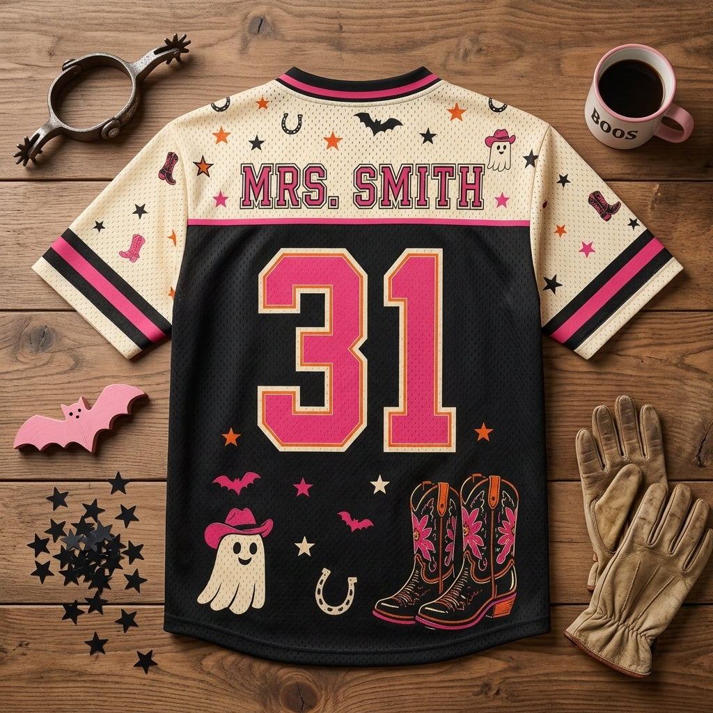 Personalized Boots Boos & Bats Halloween Football Jersey - Custom Name & Number Cowgirl Ghost Western Shirt