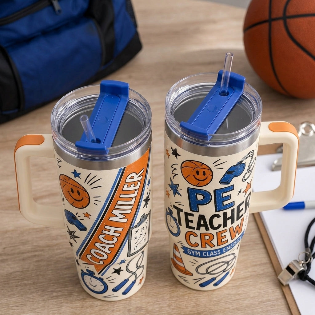 Personalized PE Teacher Crew 40oz Tumbler with Handle, Custom Coach Name Gift for Gym Teachers and Coaches