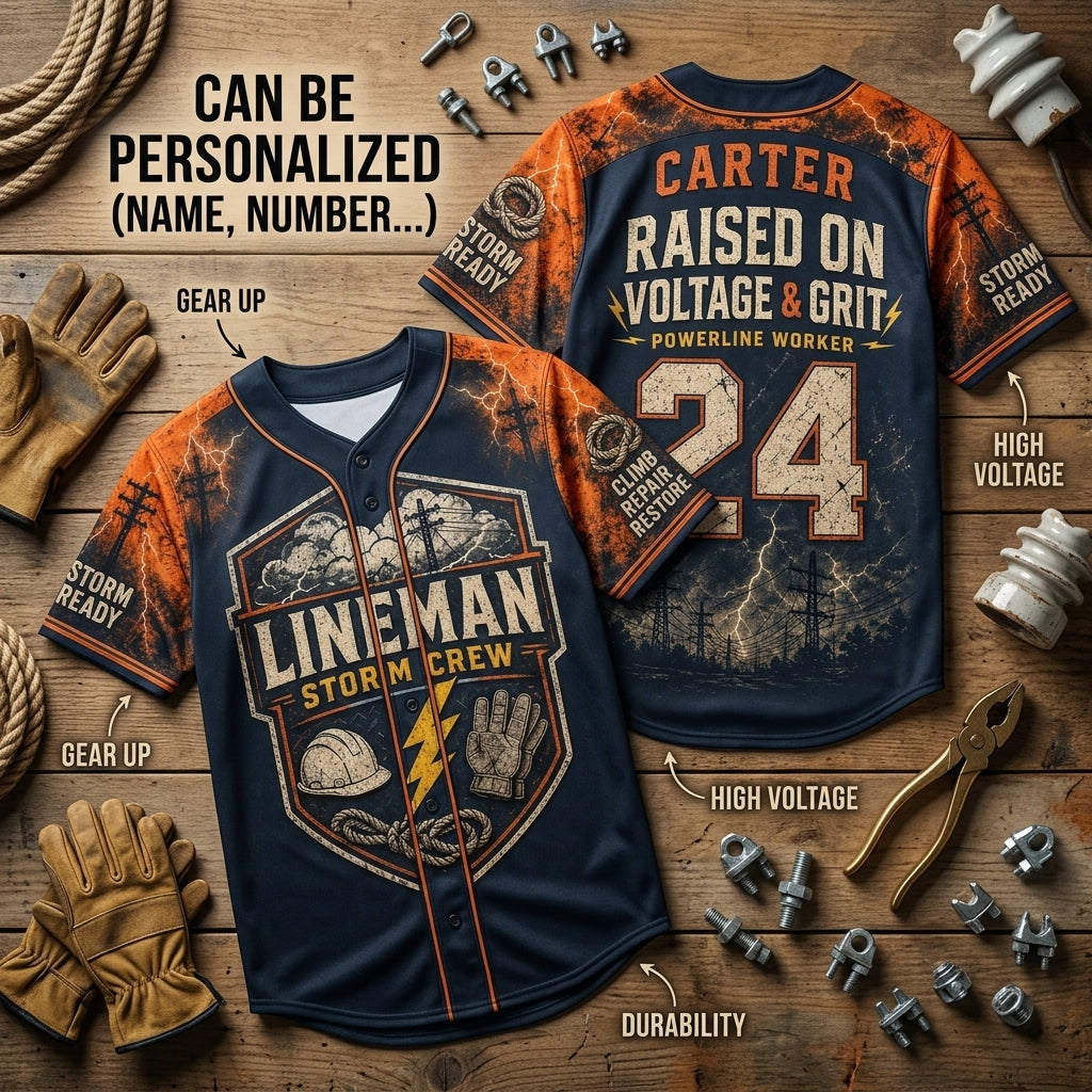 Personalized Lineman Storm Crew Baseball Jersey - Custom Name & Number Powerline Worker Gift