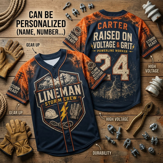 Personalized Lineman Storm Crew Baseball Jersey - Custom Name & Number Powerline Worker Gift