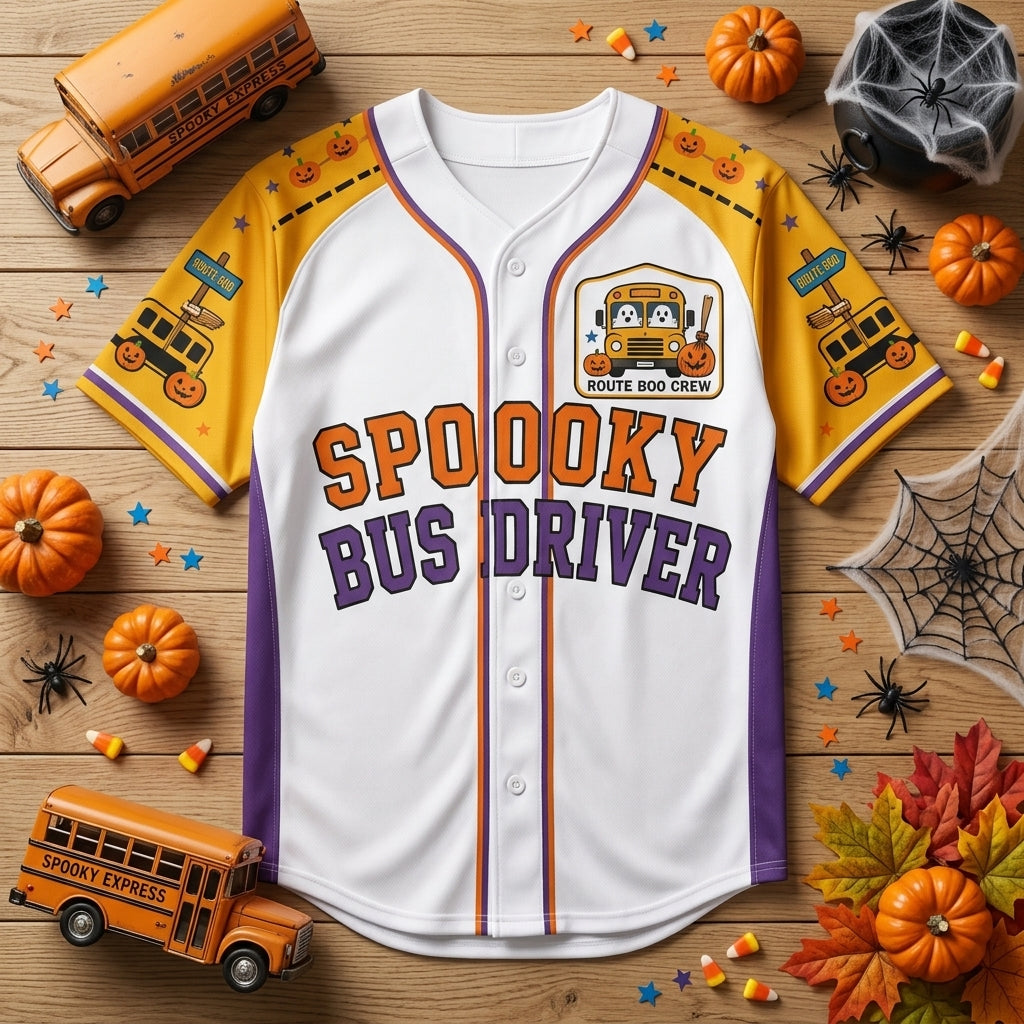 Personalized Spooky Bus Driver Halloween Baseball Jersey - Custom Name & Number School Bus Driver Gift