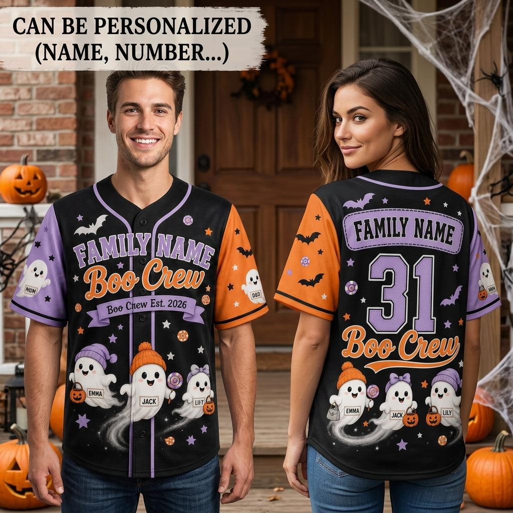 Personalized Family Name Boo Crew Halloween Baseball Jersey - Custom Ghost Family Matching Outfit