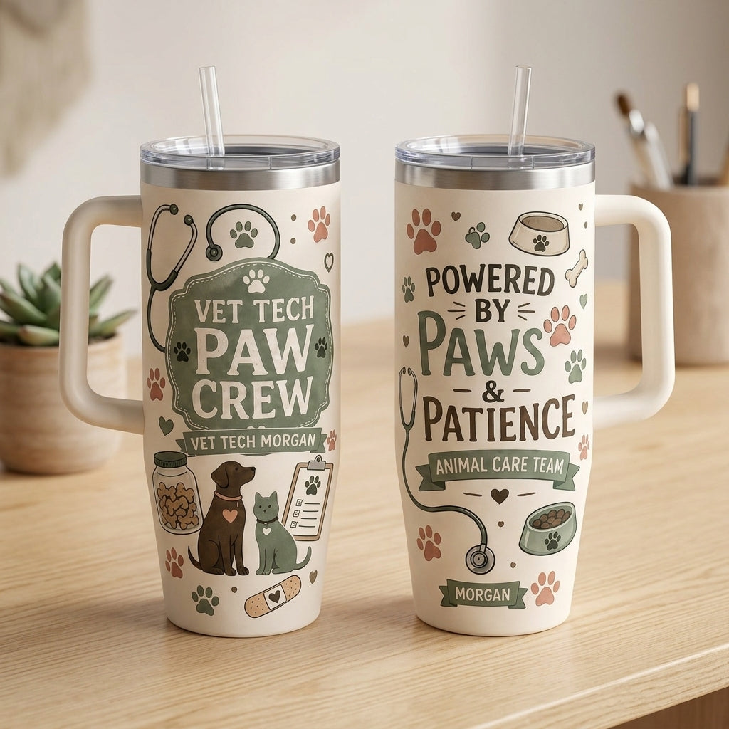 Personalized Vet Tech Paw Crew 40oz Tumbler with Handle - Custom Name Veterinary Gift for Animal Care Team