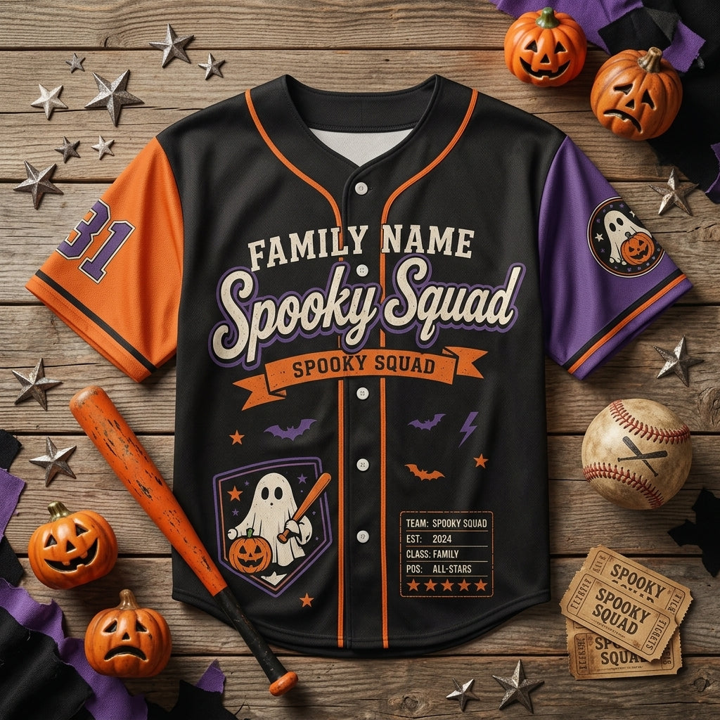 Personalized Spooky Squad Halloween Baseball Jersey - Custom Family Name and Number Ghost Jersey