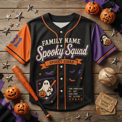 Personalized Spooky Squad Halloween Baseball Jersey - Custom Family Name and Number Ghost Jersey