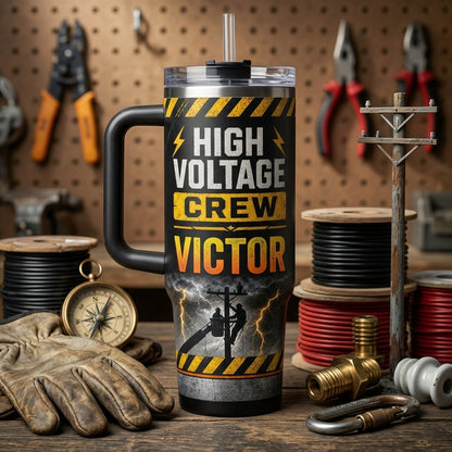 Personalized Lineman High Voltage Crew 40oz Tumbler with Handle - Custom Storm Ready Gift